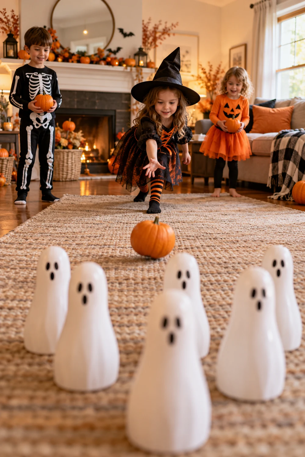 Pumpkin bowling game for kids at home with mini pumpkins and ghost pins