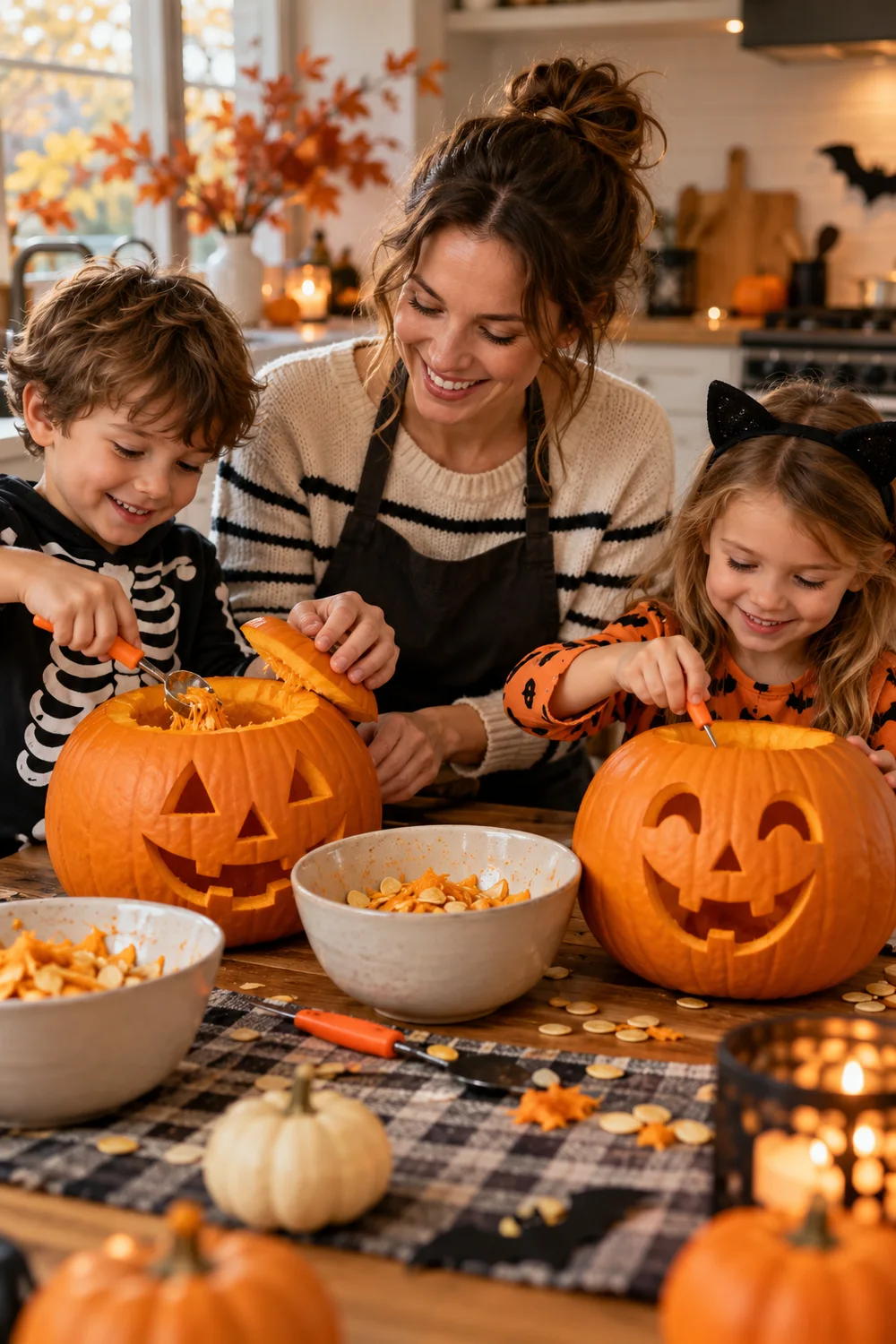 Family carving pumpkins together for a Halloween night at home