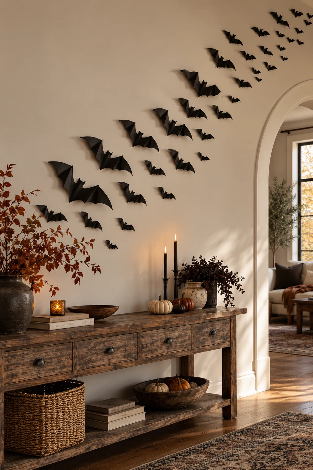 Black Paper Bat Wall Decor Black paper bat wall decor flying across a neutral living room wall