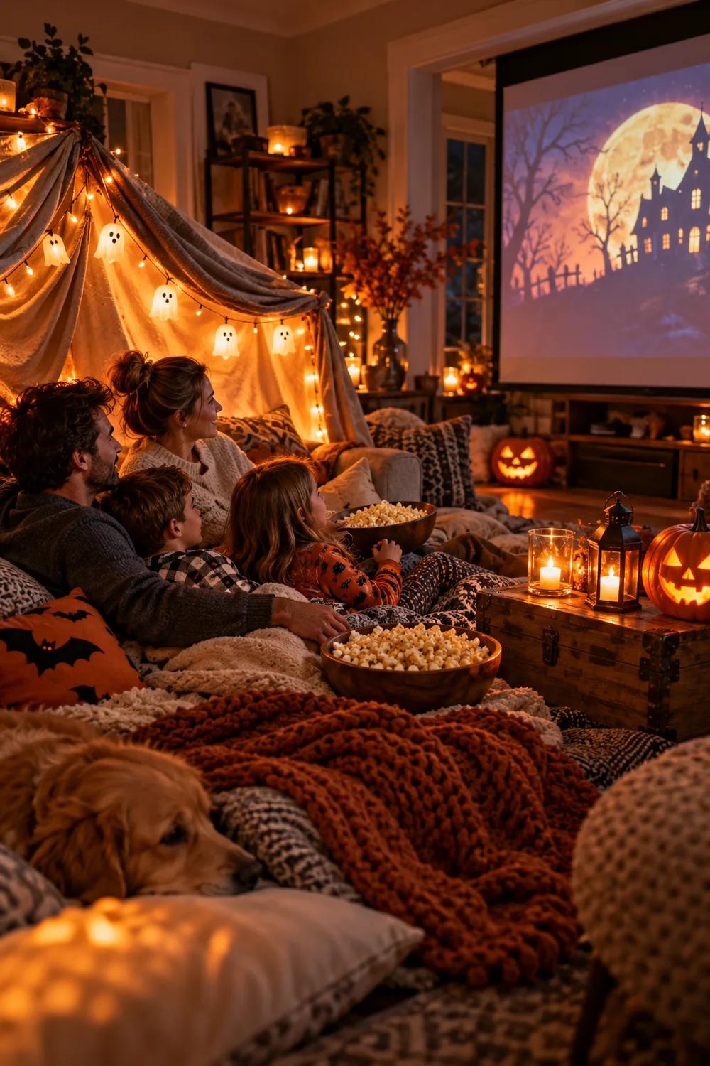 Family watching a spooky movie in a cozy Halloween living room