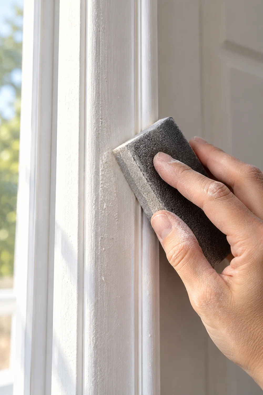 White door trim being lightly sanded with a fine-grit sanding sponge