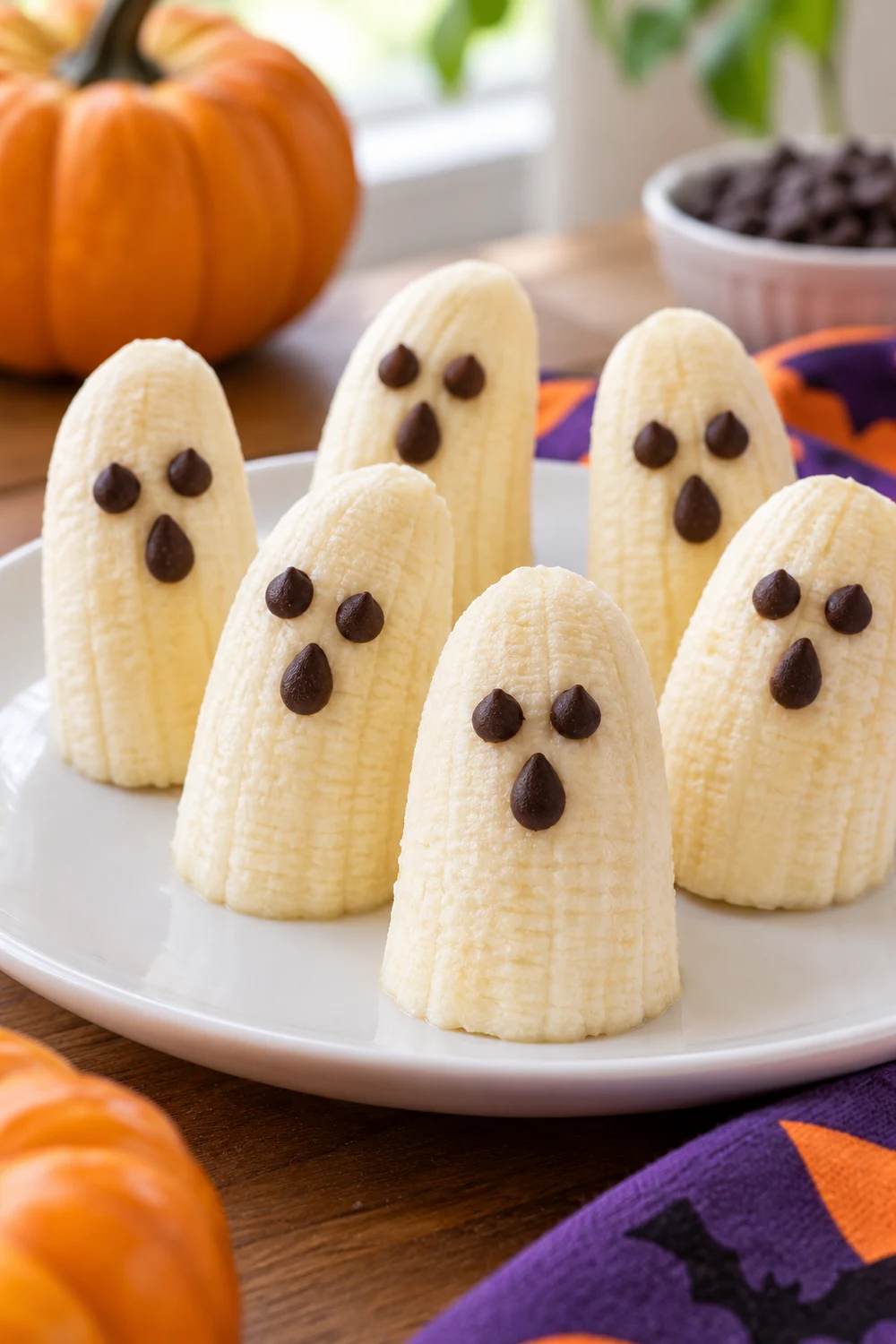 3. Draw Ghost Faces on Peeled Bananas With Mini Chocolate Chips Peeled banana ghosts with mini chocolate chip eyes and mouths