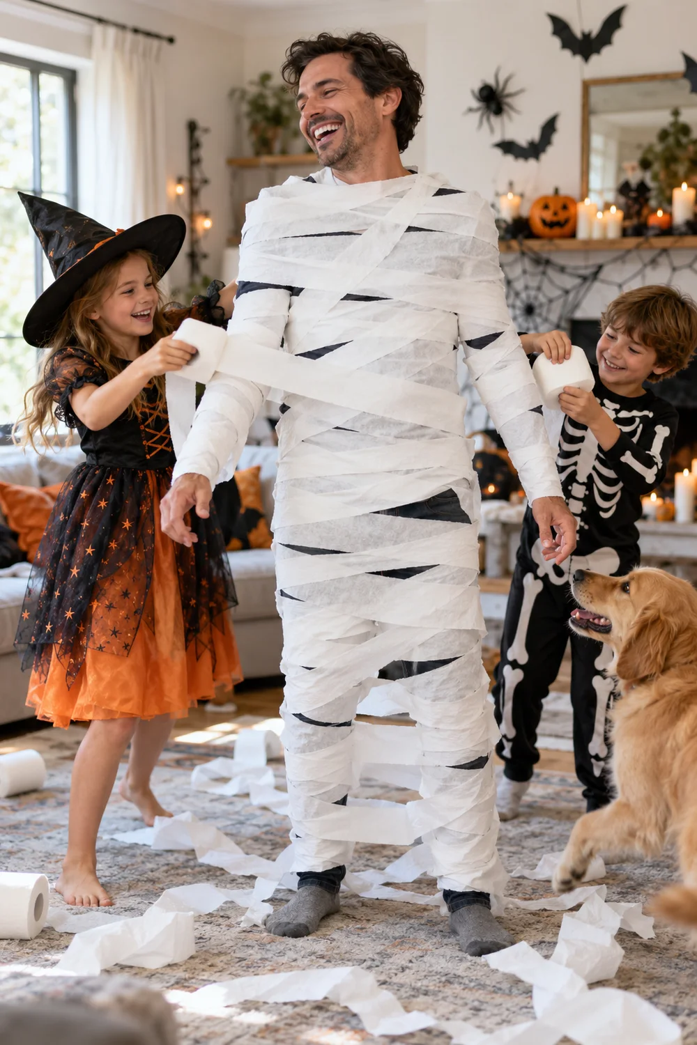 Children wrapping their dad for a Halloween mummy race