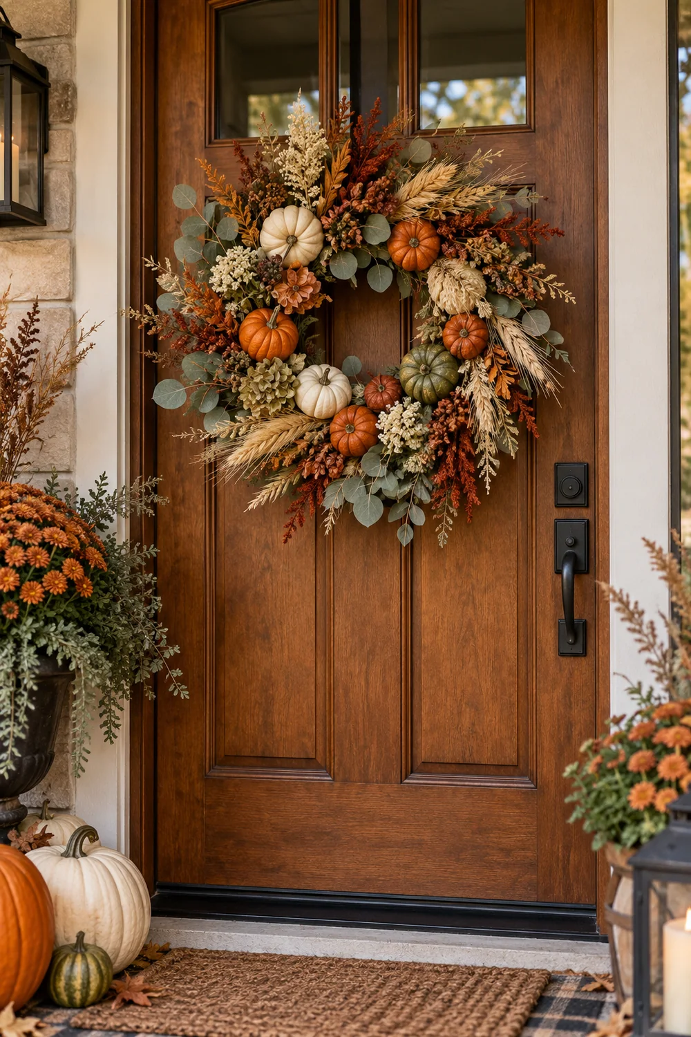 Mini Pumpkin Halloween Wreath Halloween wreath with mini pumpkins and dried autumn stems