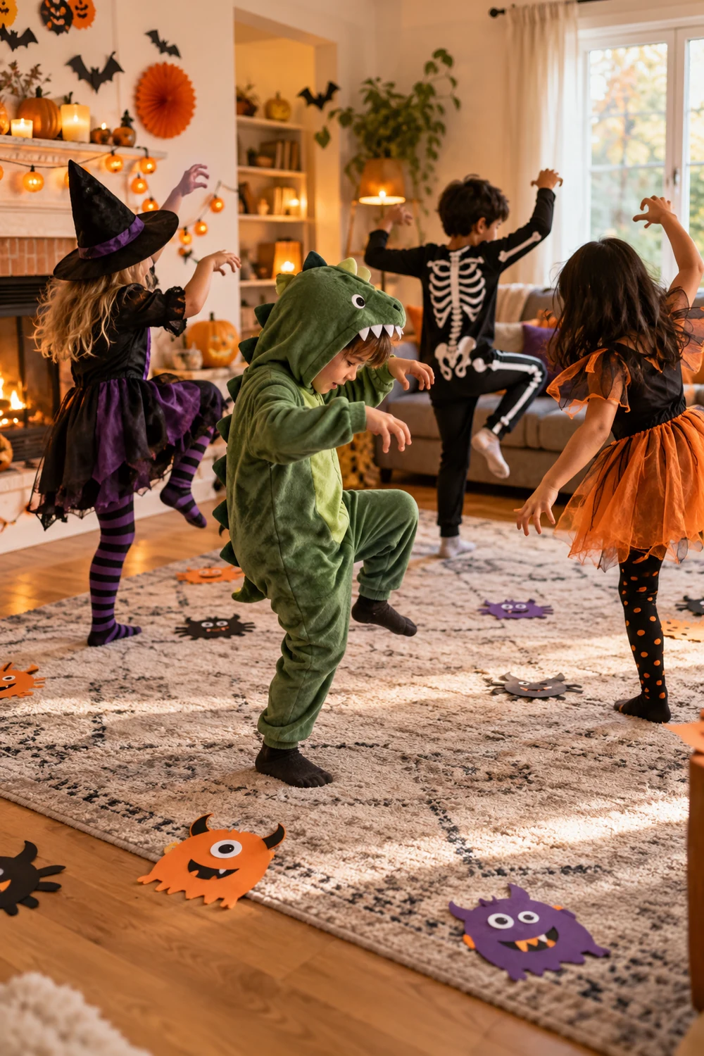 Kids playing monster freeze dance during a Halloween party at home