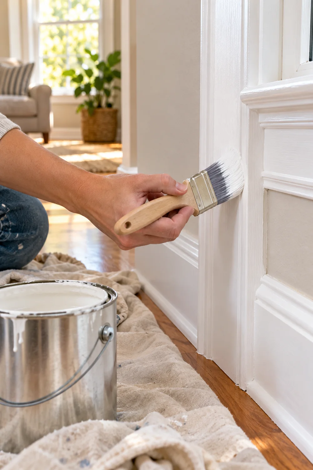 White trim being painted in a thin, even coat with an angled synthetic brush