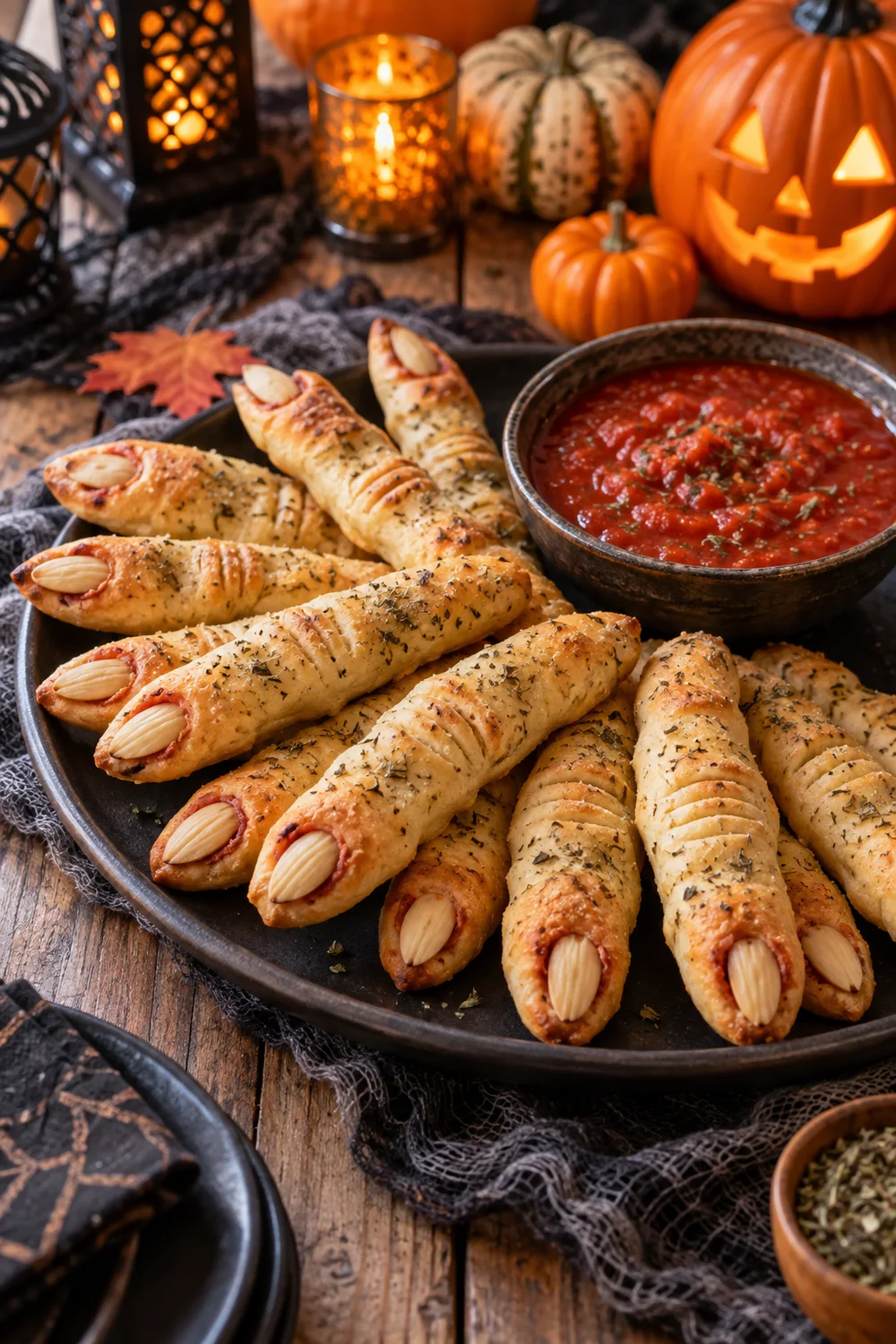 Witch Finger Breadsticks Witch finger breadsticks with almond fingernails served with marinara