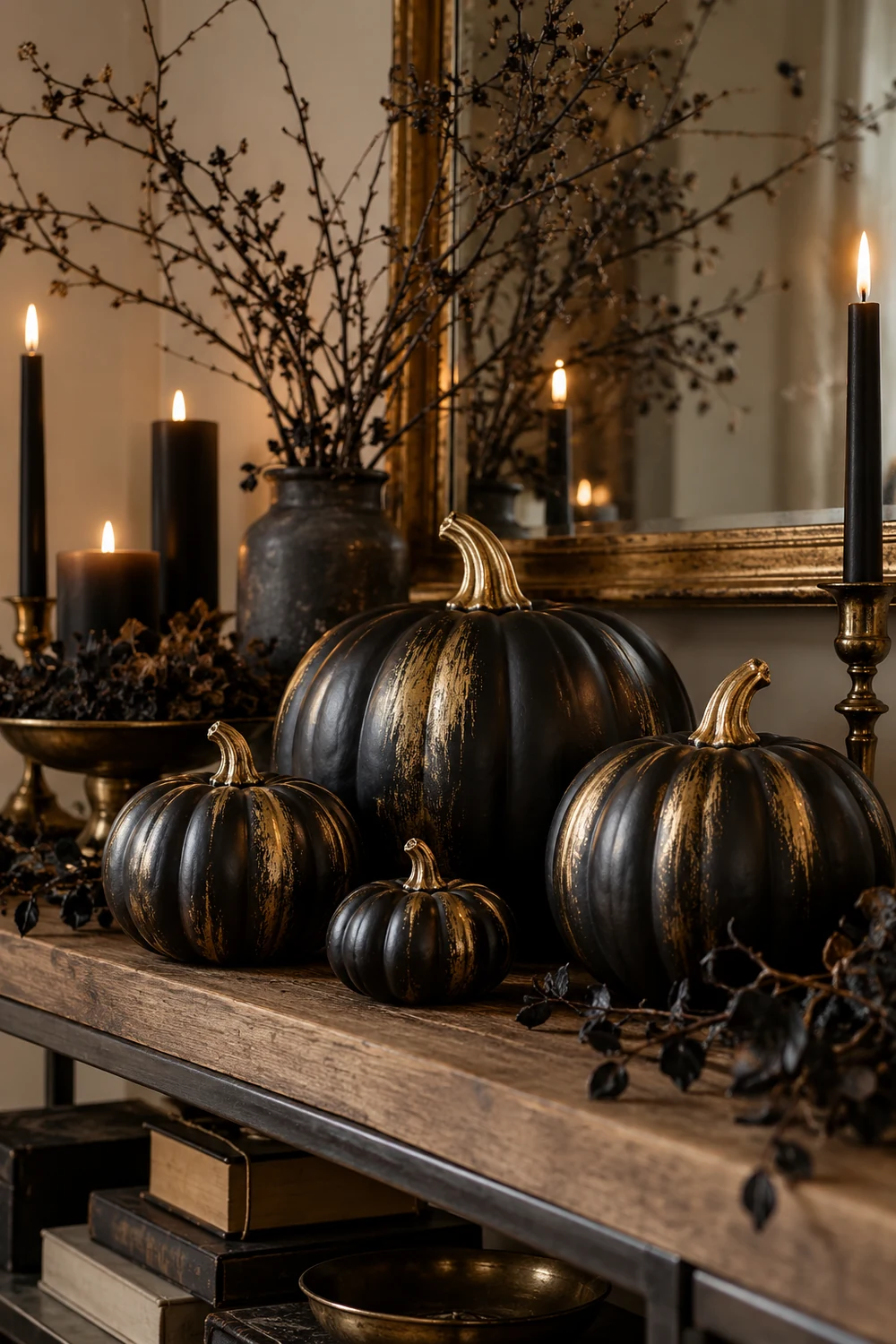 Black and Gold Painted Pumpkins Matte black pumpkins with brushed gold Halloween details