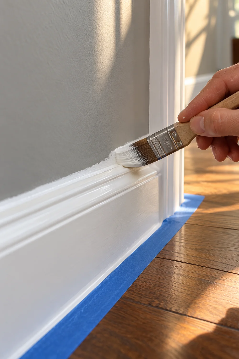 Angled paintbrush creating a crisp white edge along interior trim