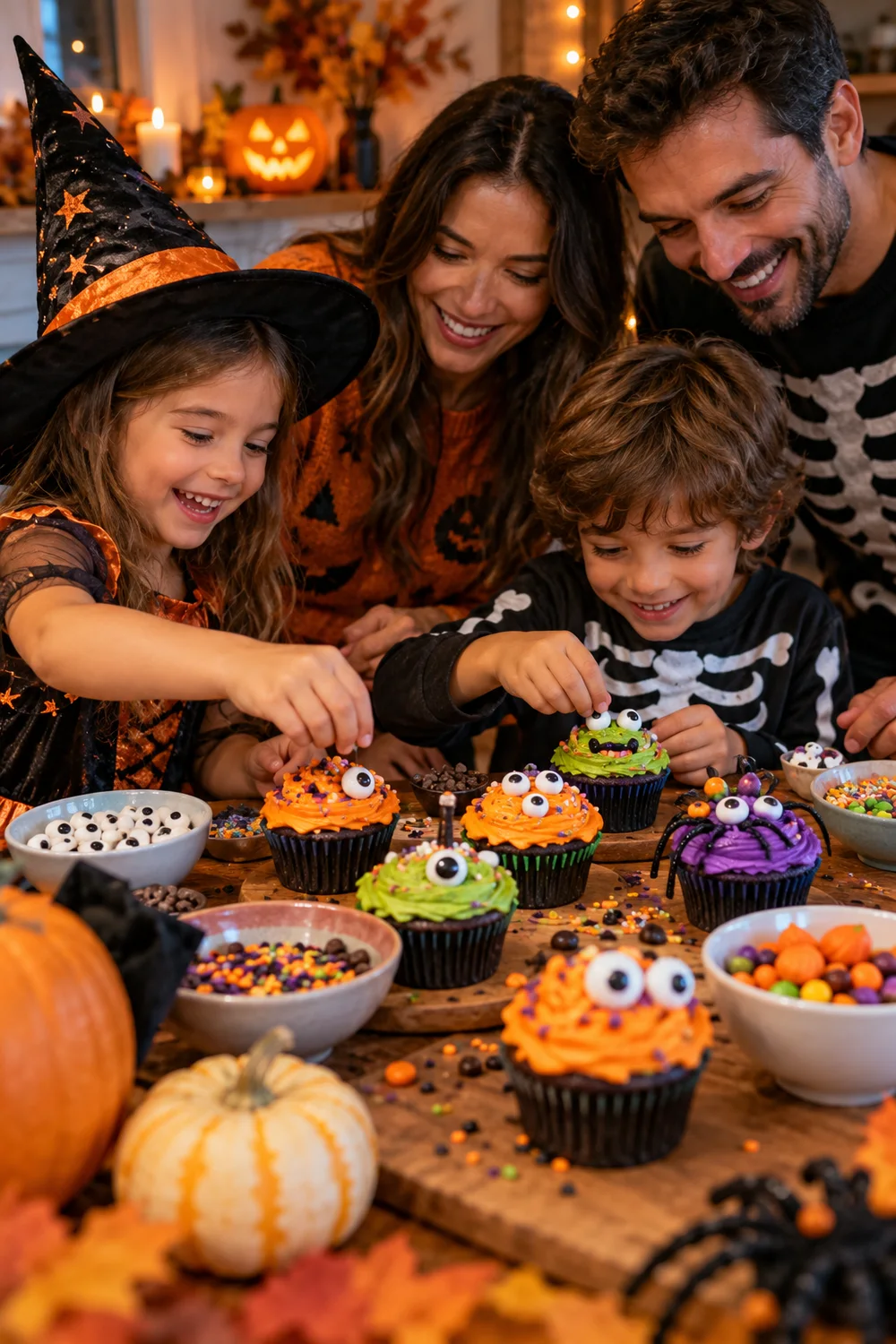 Family decorating colorful monster cupcakes for Halloween