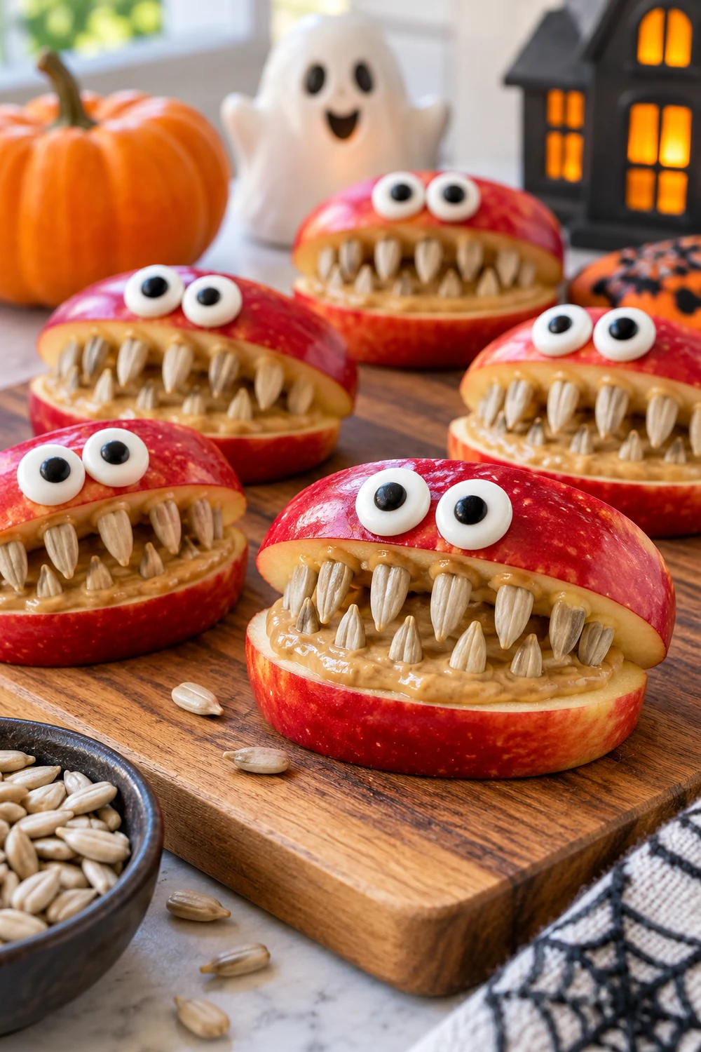 5. Cut Apple Slices Into Monster Mouths With Seed Teeth Red apple monster mouths with seed teeth and candy eyes