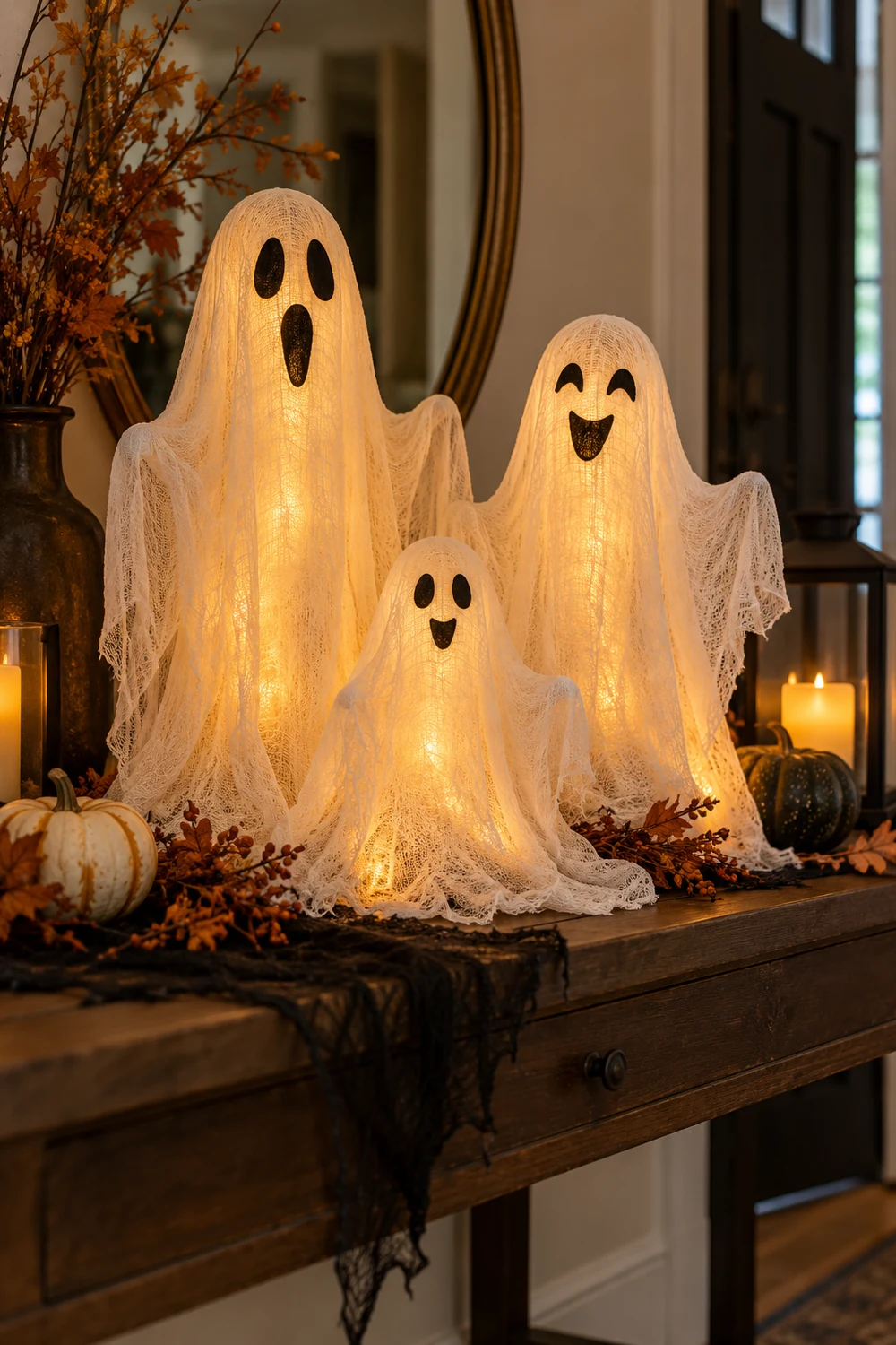 DIY Cheesecloth Ghost Family DIY cheesecloth ghosts glowing on a Halloween entry table