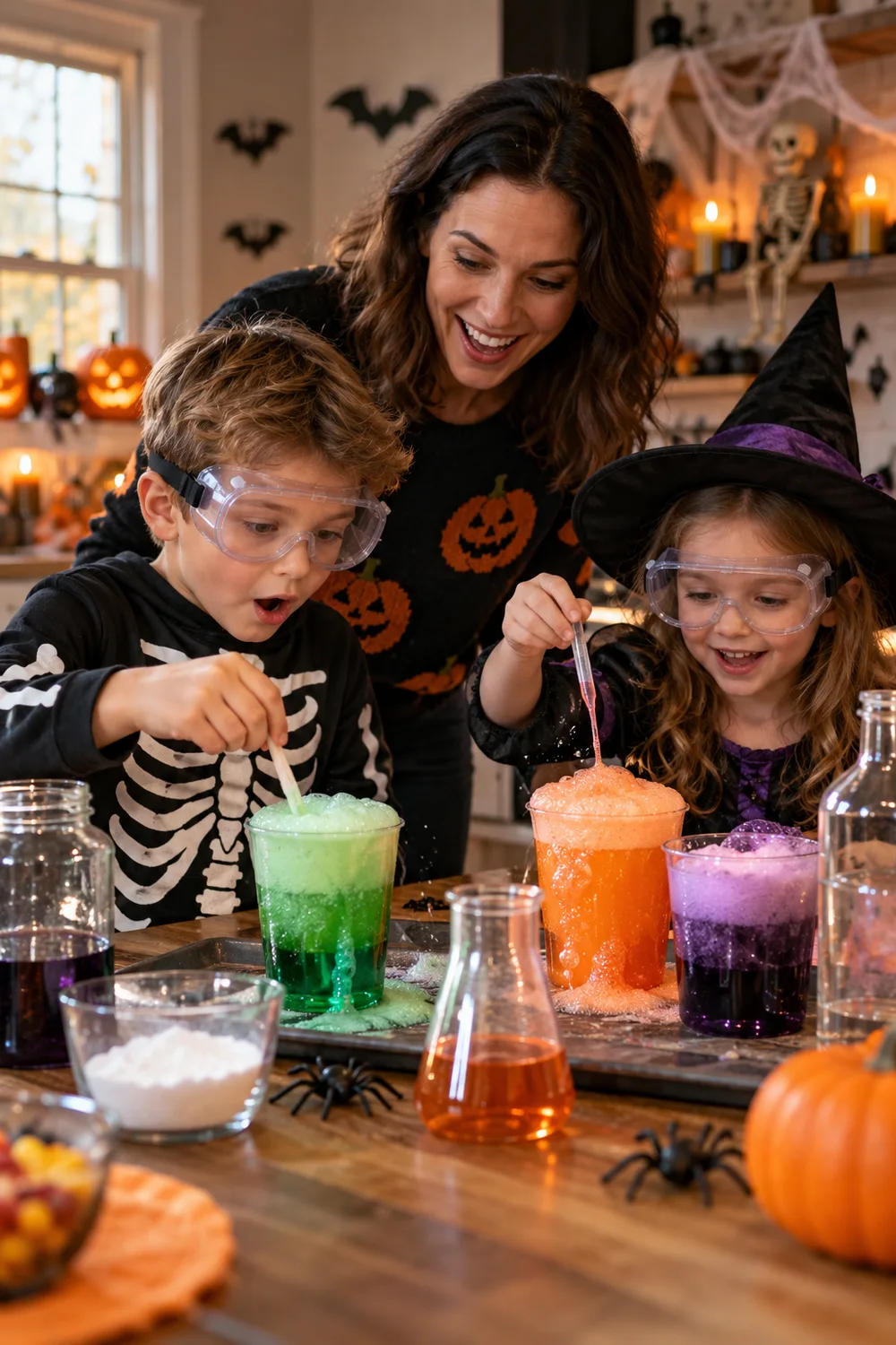 Children making colorful fizzing Halloween potions with a parent