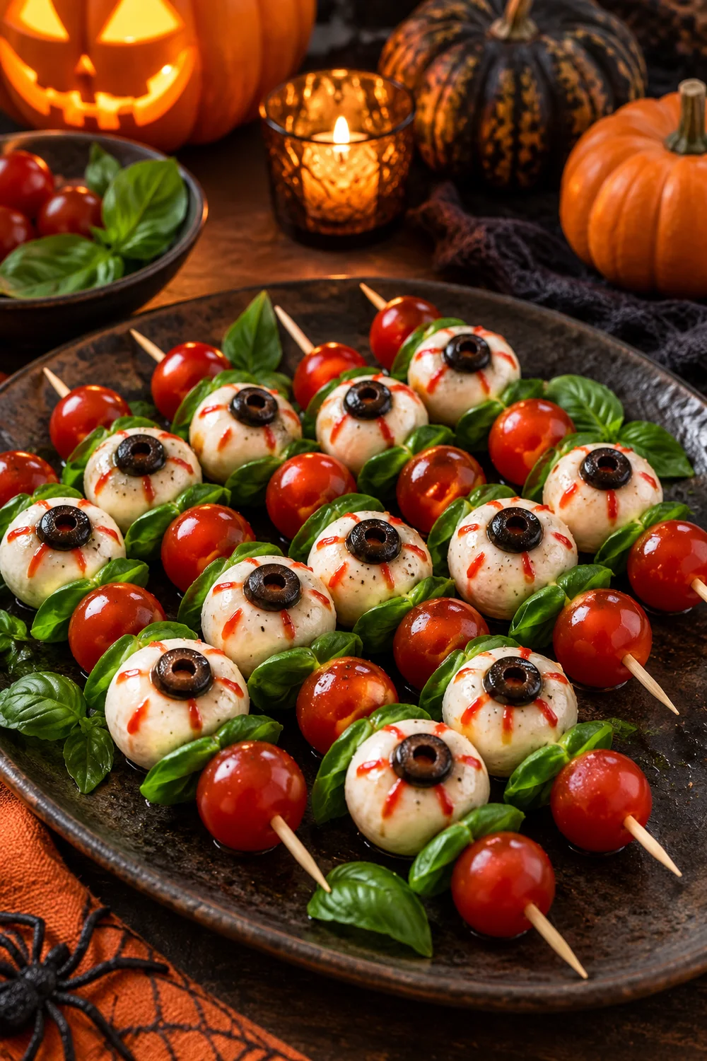 Monster Eyeball Caprese Skewers Monster eyeball caprese skewers with mozzarella tomatoes basil and black olives
