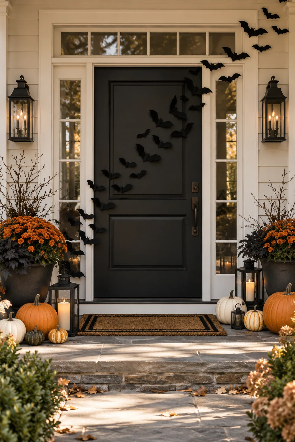 Paper Bats Halloween Door Black paper bats flying up a Halloween front door