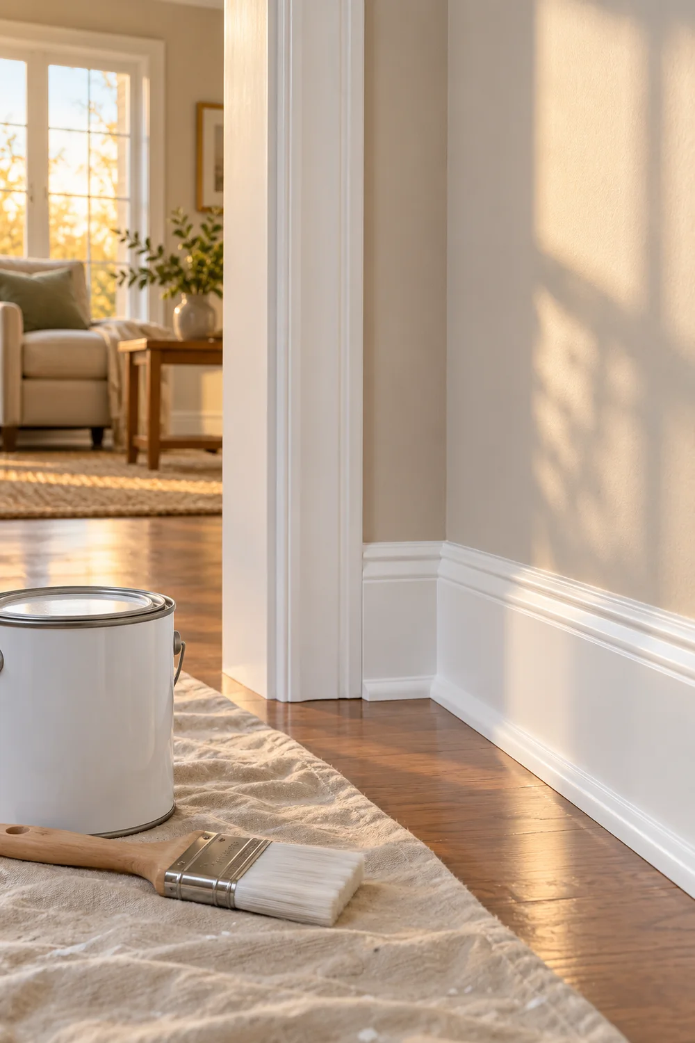 Freshly painted white baseboards and door trim drying with a smooth finish