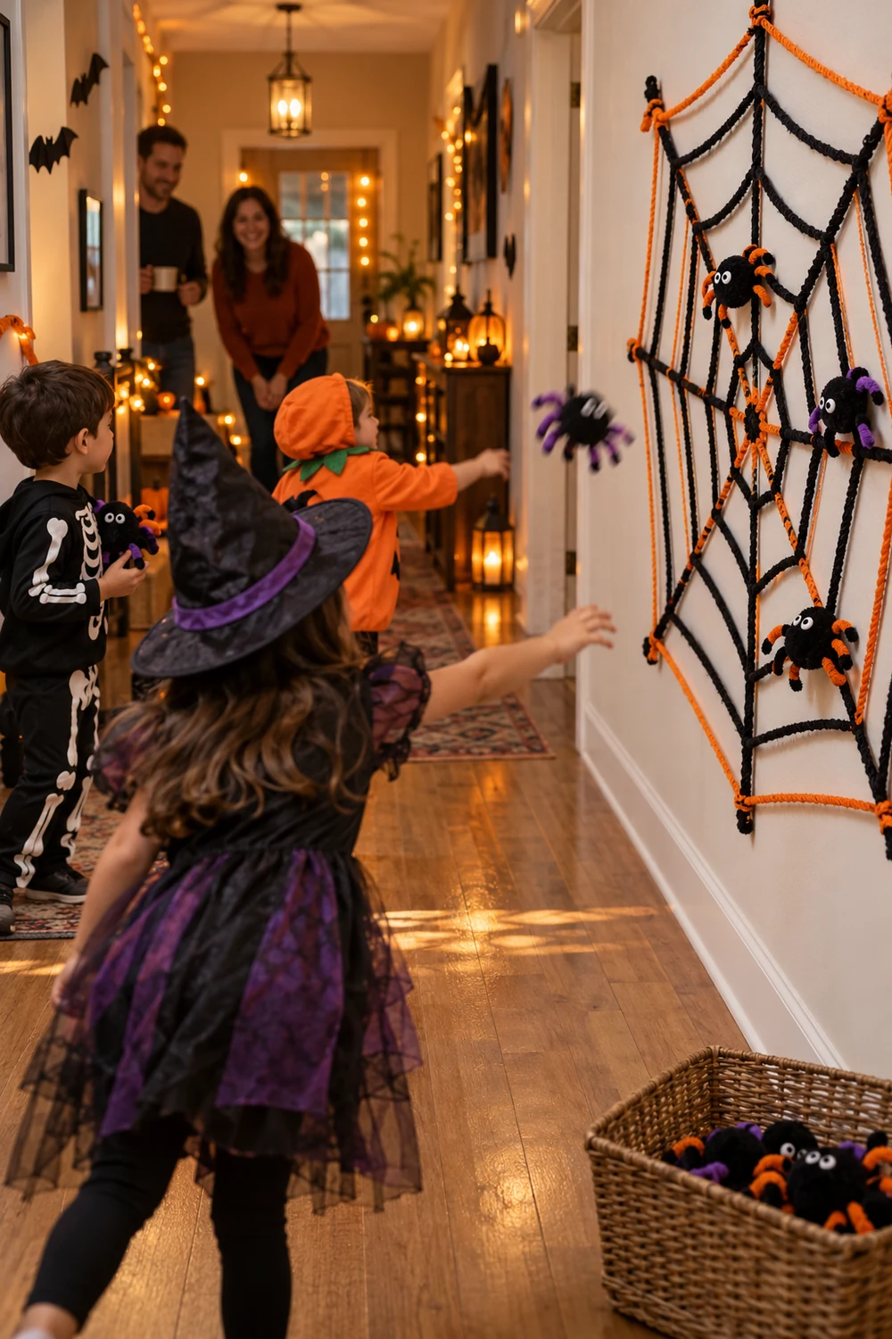 Kids tossing soft toy spiders at a yarn spiderweb target indoors