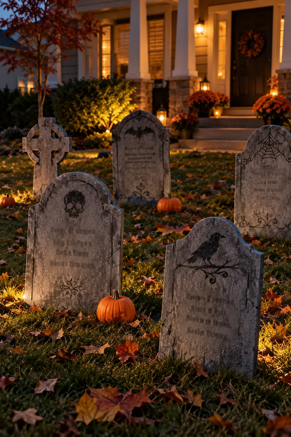 DIY Cardboard Halloween Tombstones DIY cardboard Halloween tombstones on a front lawn