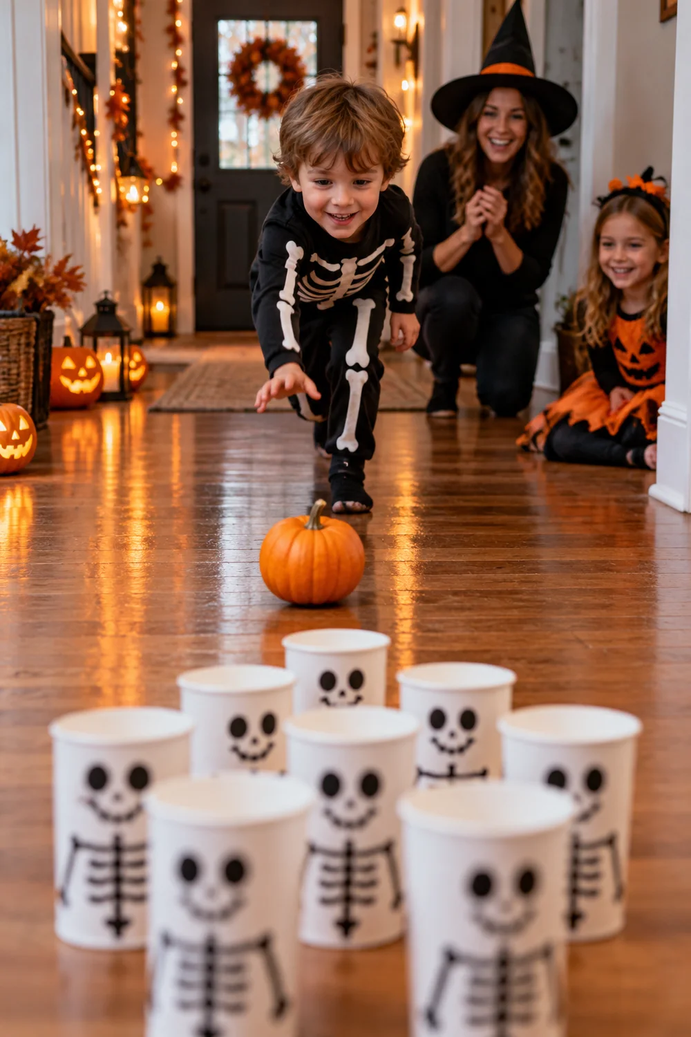 Child rolling a mini pumpkin toward skeleton paper cup pins