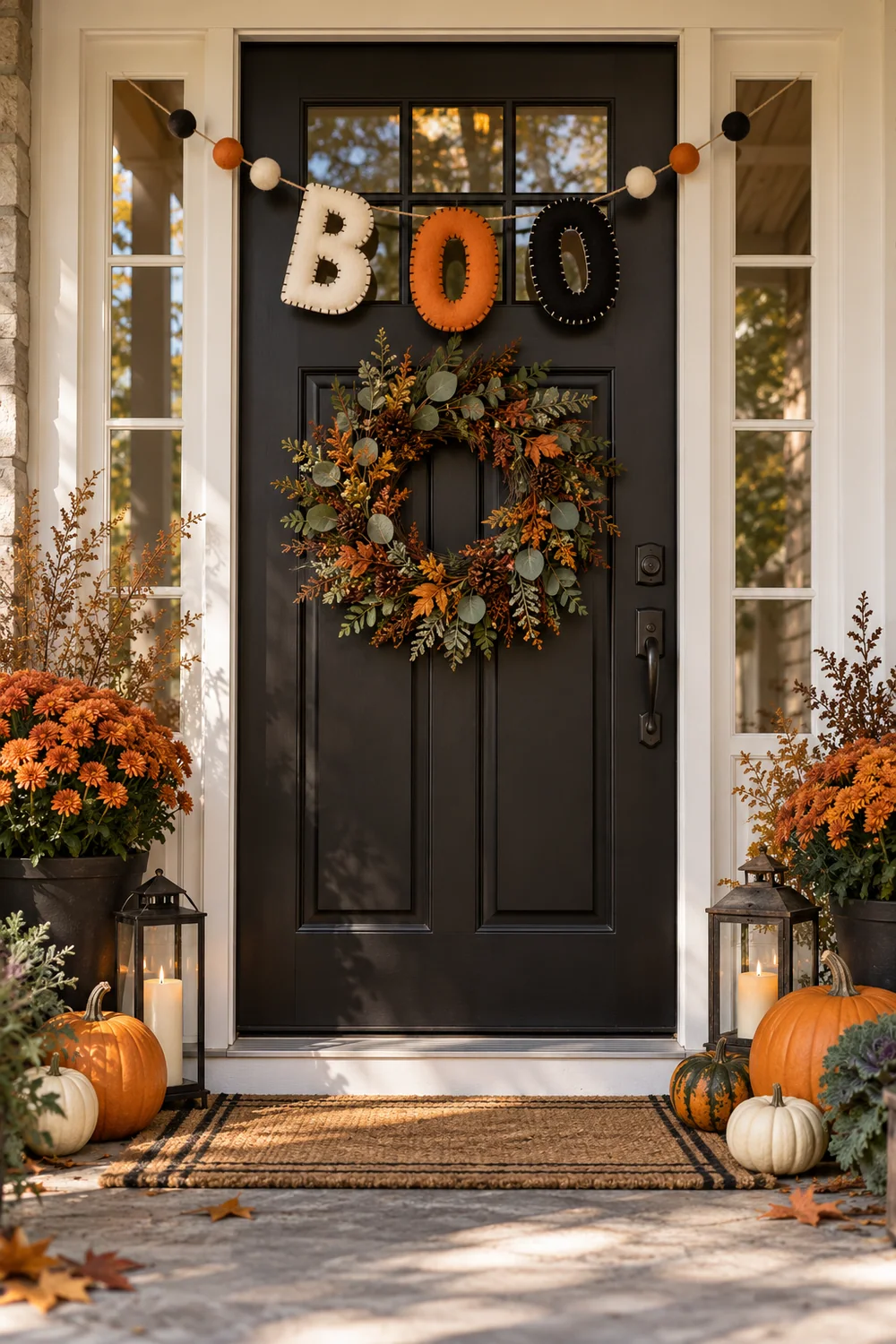 Felt BOO Door Garland Handmade felt BOO garland above a decorated front door