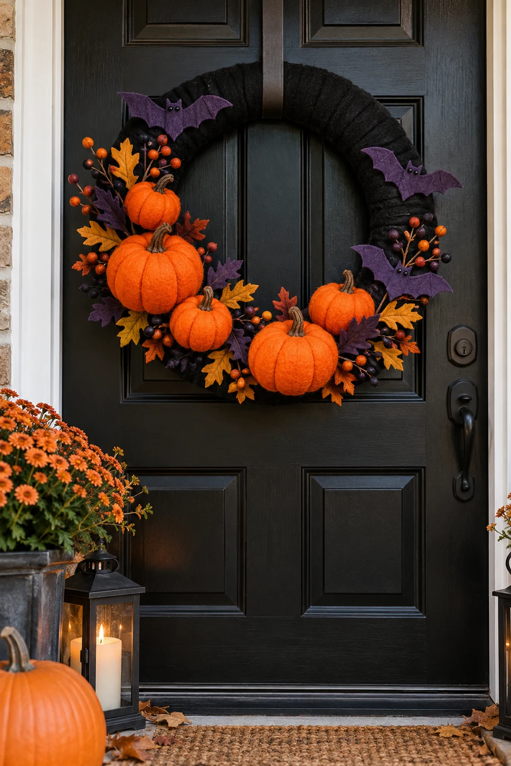 Felt Pumpkin Halloween Wreath DIY felt pumpkin Halloween wreath on a black front door