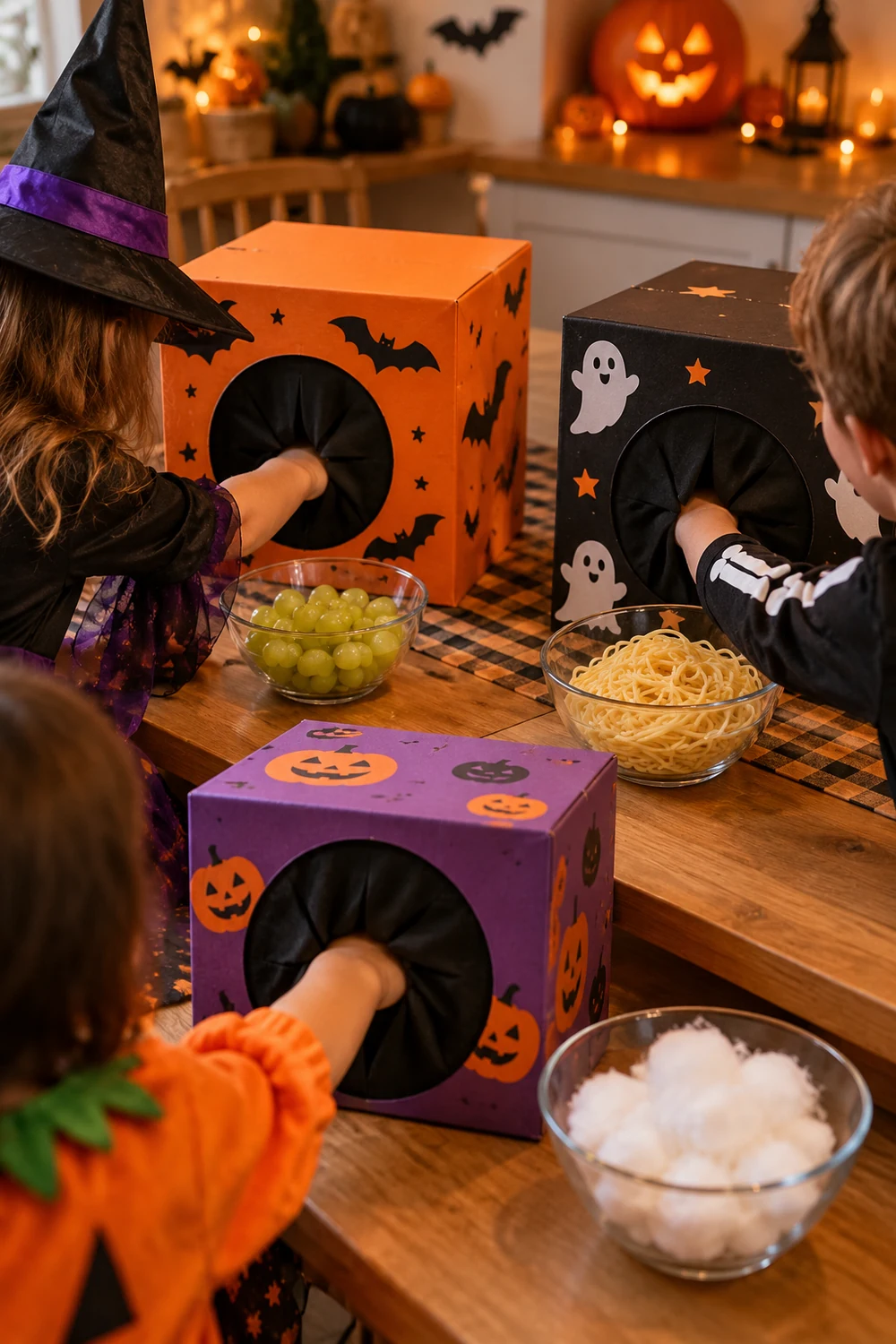Halloween mystery touch boxes with safe sensory items for kids
