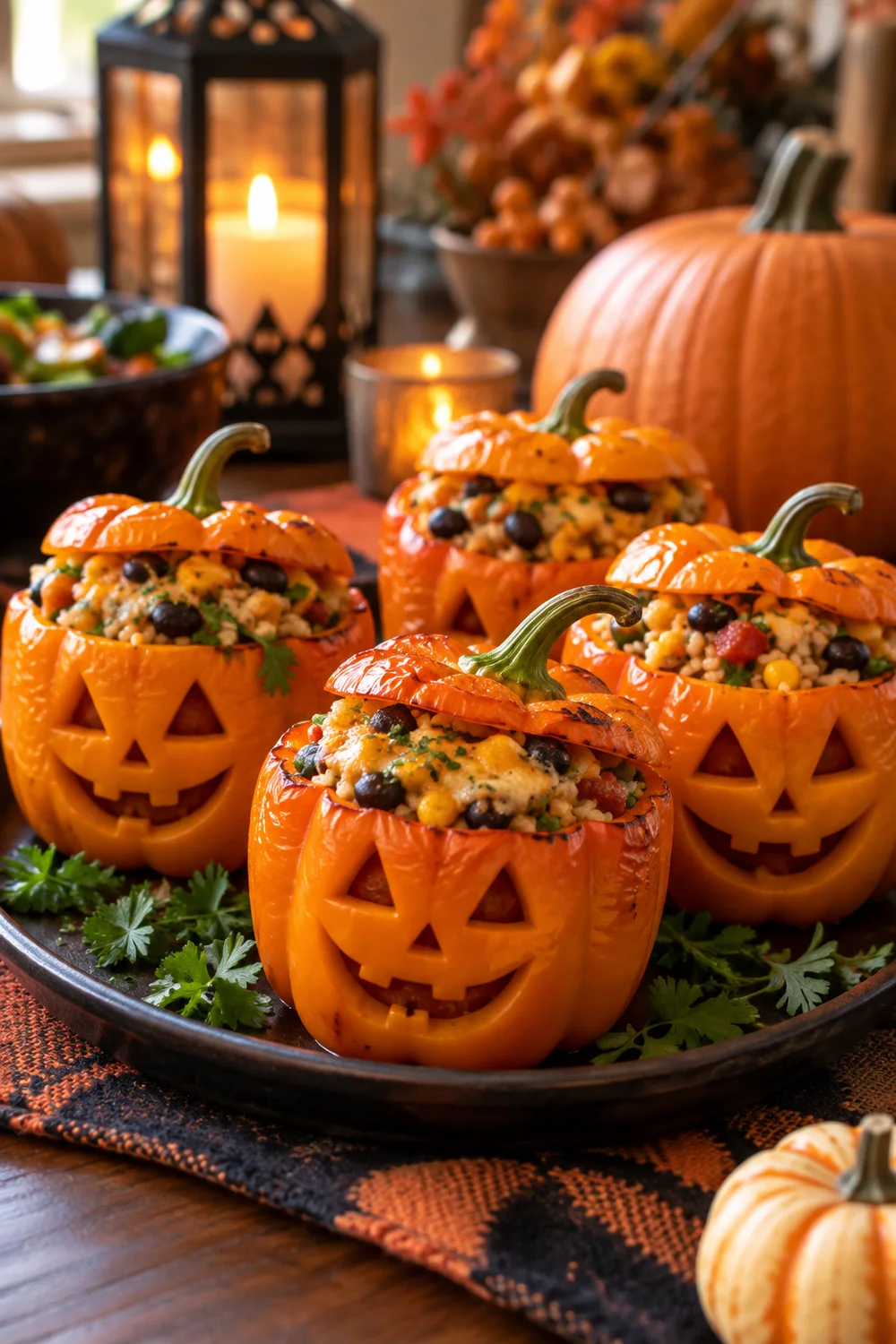 Jack-o-Lantern Stuffed Peppers Jack-o-lantern orange stuffed peppers filled with rice beans vegetables and cheese