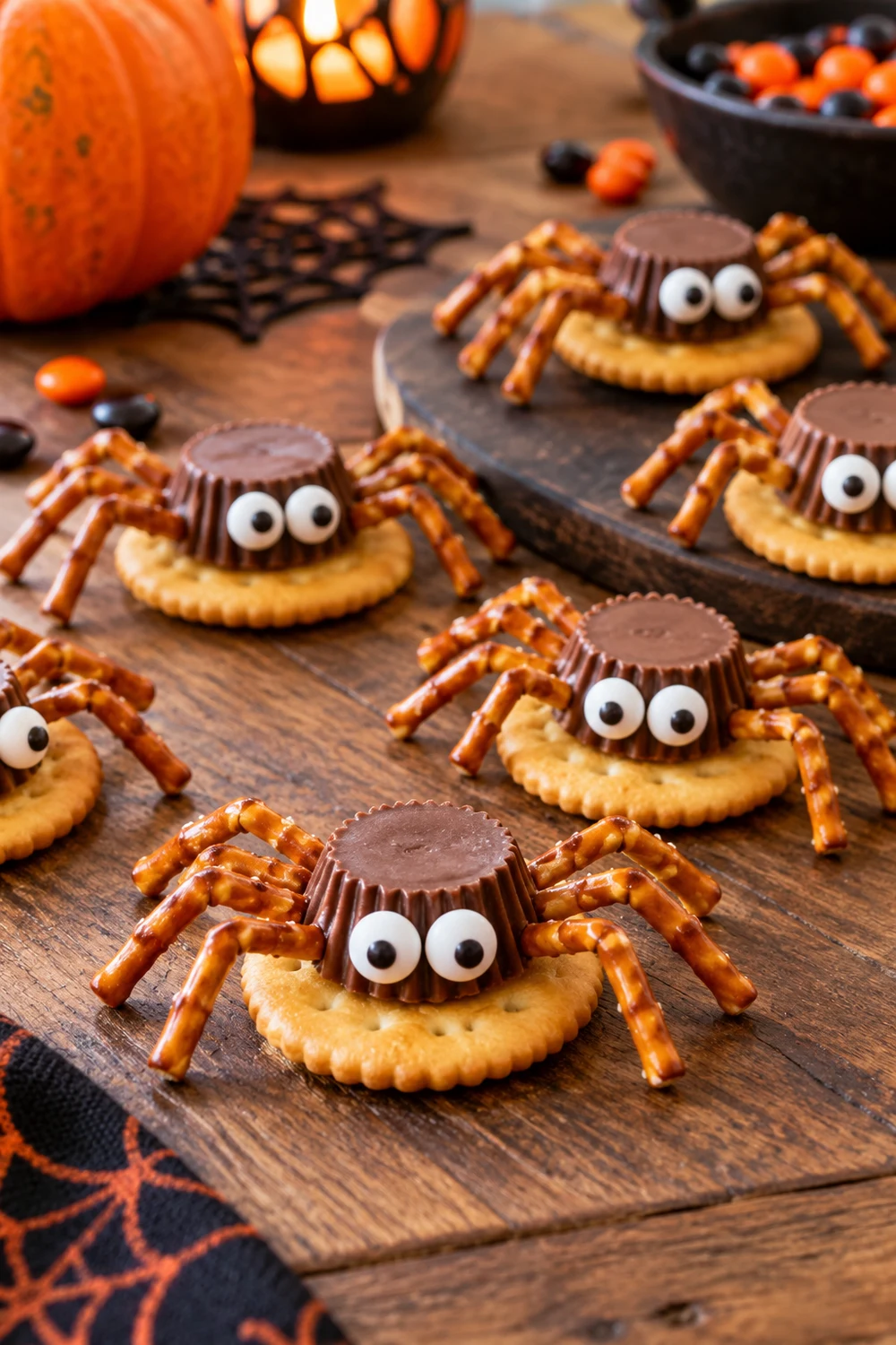 7. Build Spider Crackers With Mini Peanut Butter Cups Halloween spider crackers with peanut butter cup bodies and pretzel legs