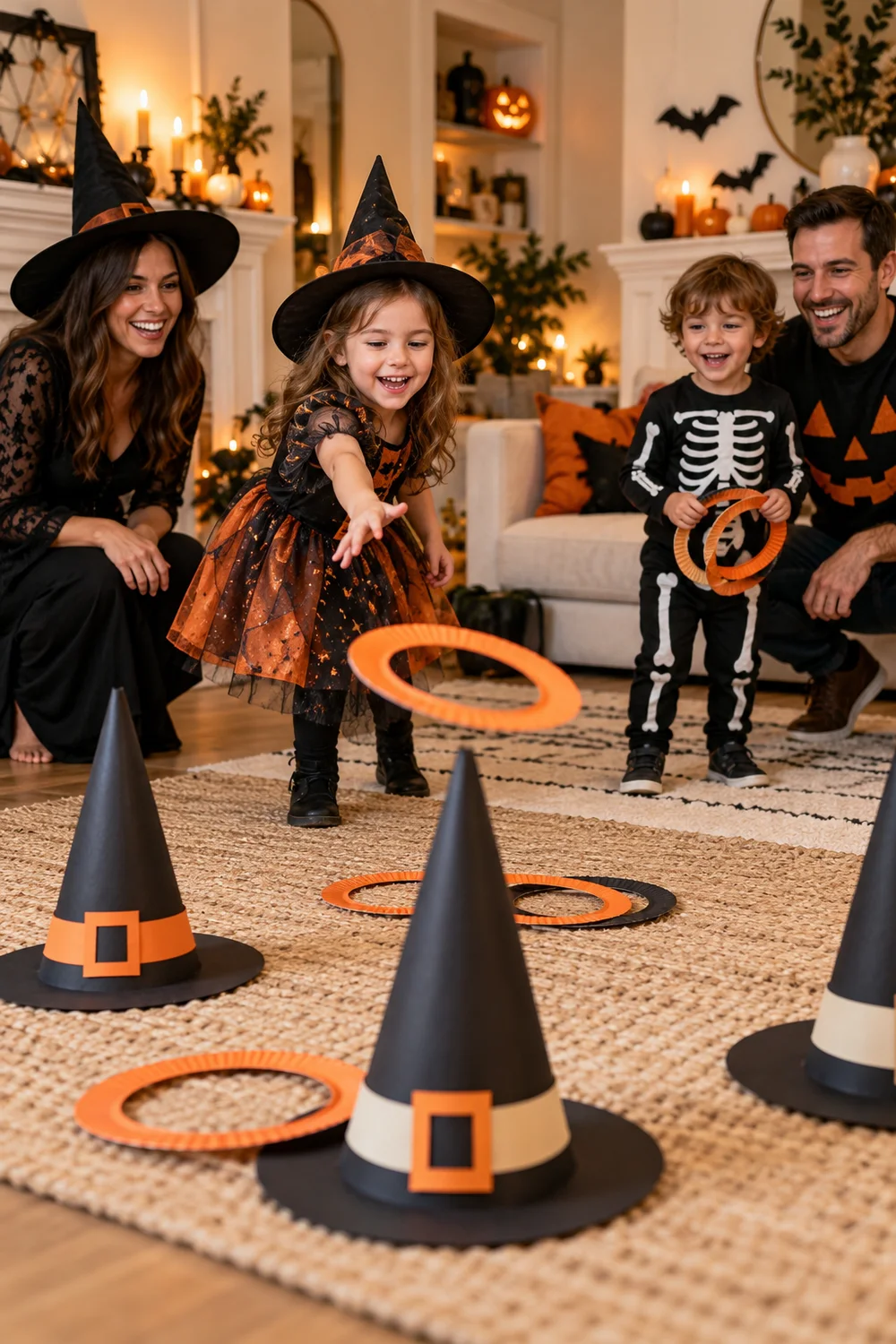 Family playing a homemade witch hat ring toss game