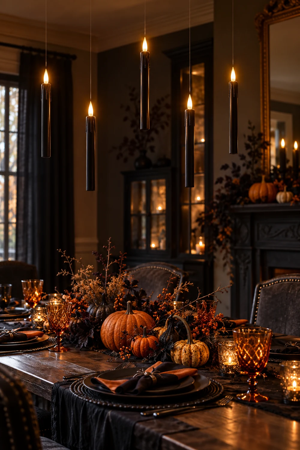 Floating Battery Candle Halloween Decor Floating battery candles above an elegant Halloween dining table