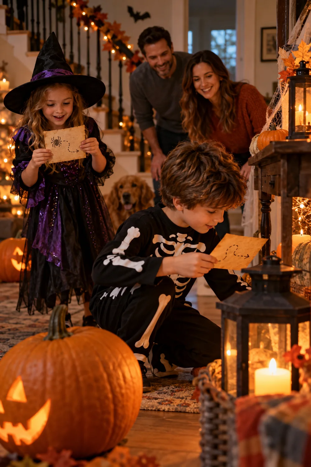Children following riddle clues on a Halloween scavenger hunt