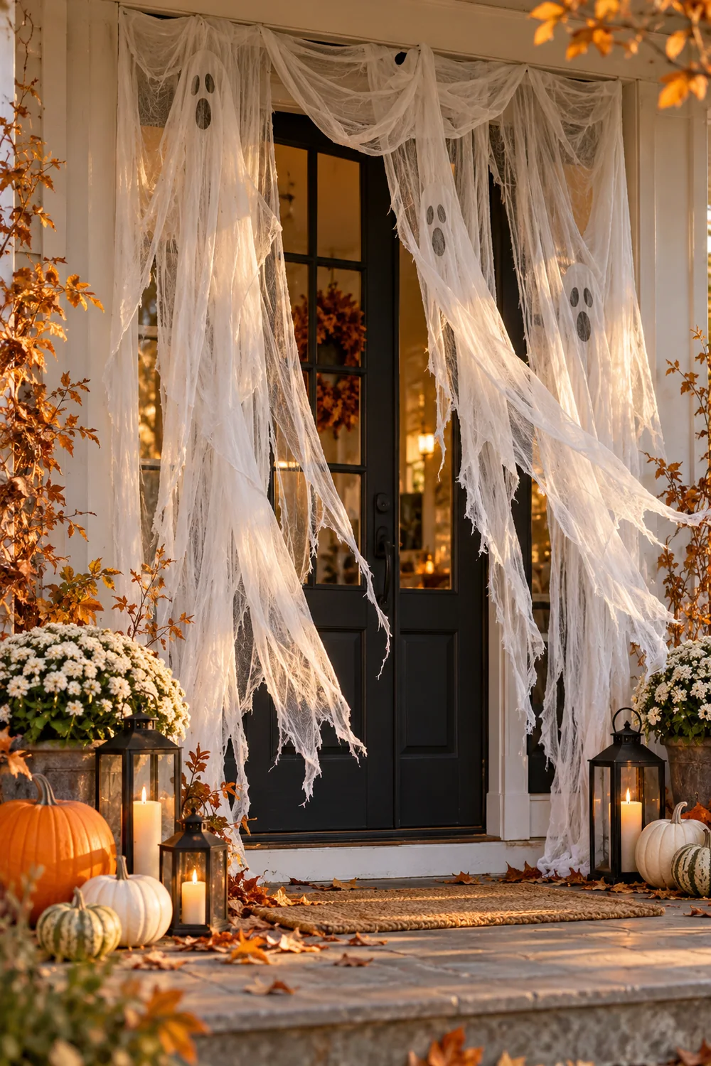 Cheesecloth Ghost Door Curtain Cheesecloth ghost strips hanging like a curtain over a front door