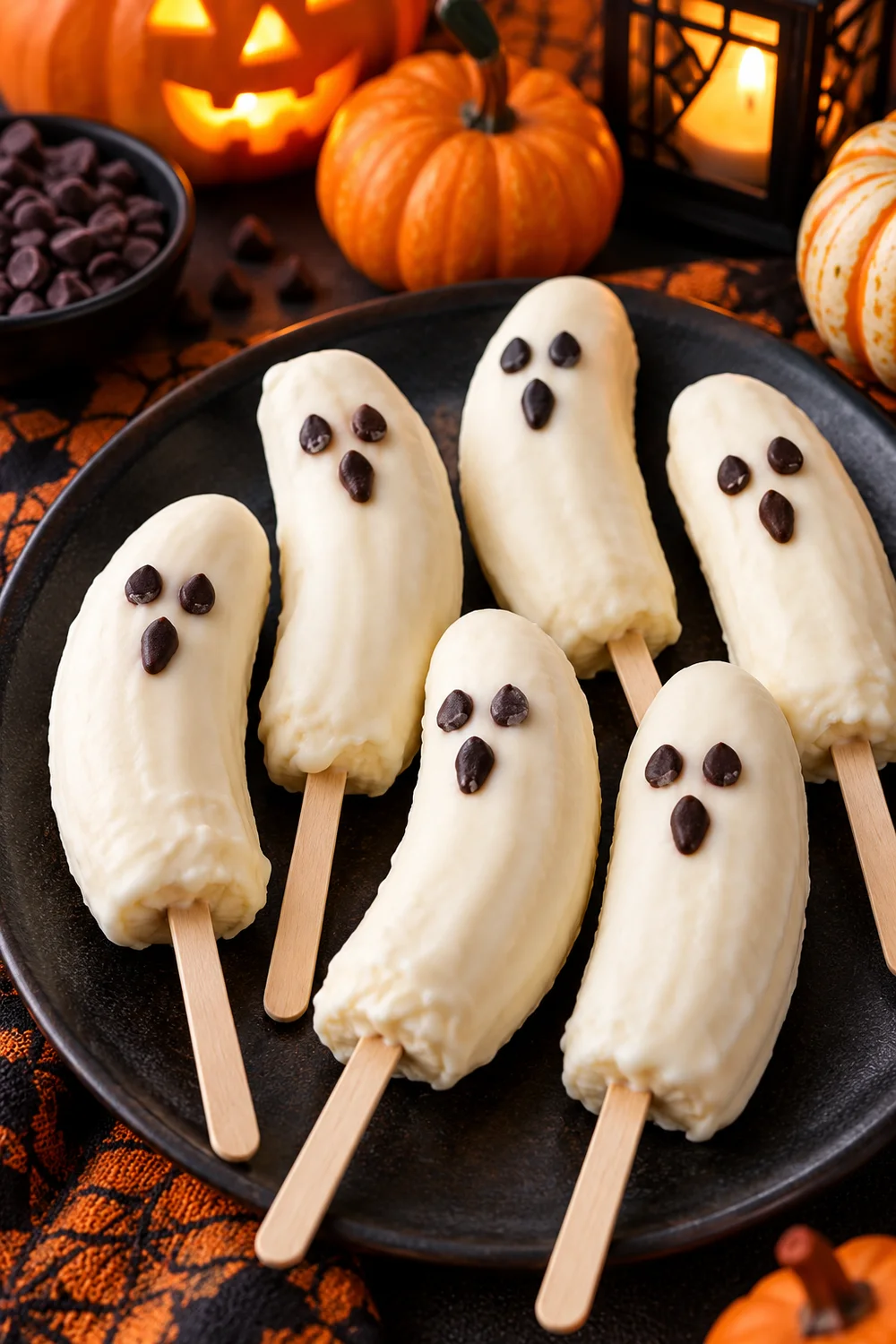 Ghost Banana Pops Ghost banana pops with white coating and chocolate chip faces
