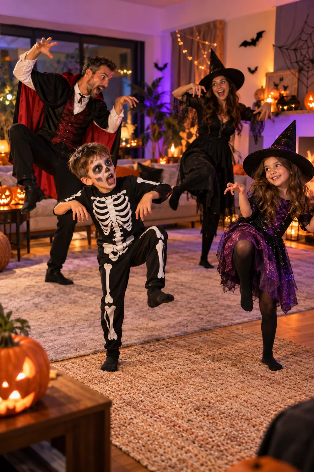 Family playing monster freeze dance in Halloween costumes