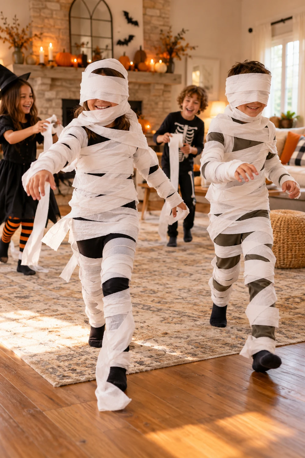Kids racing to wrap a mummy with white crepe paper at home