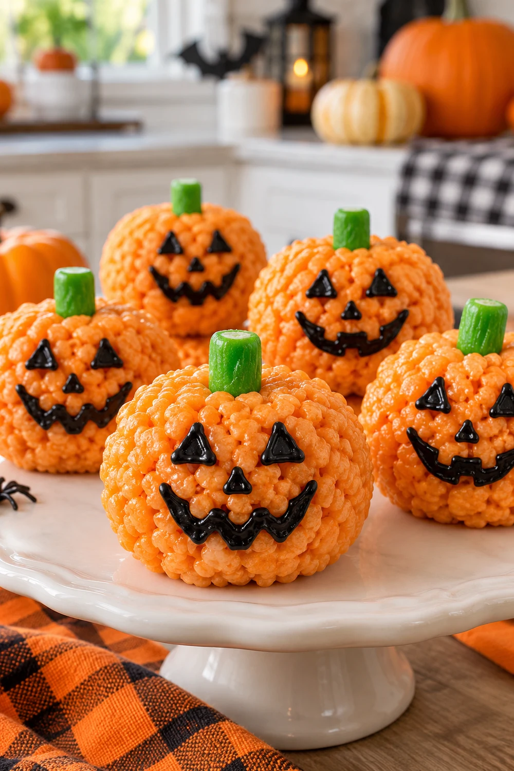 9. Shape Rice Cereal Treats Into Jack-o'-Lantern Faces Orange jack-o-lantern rice cereal treats with green candy stems