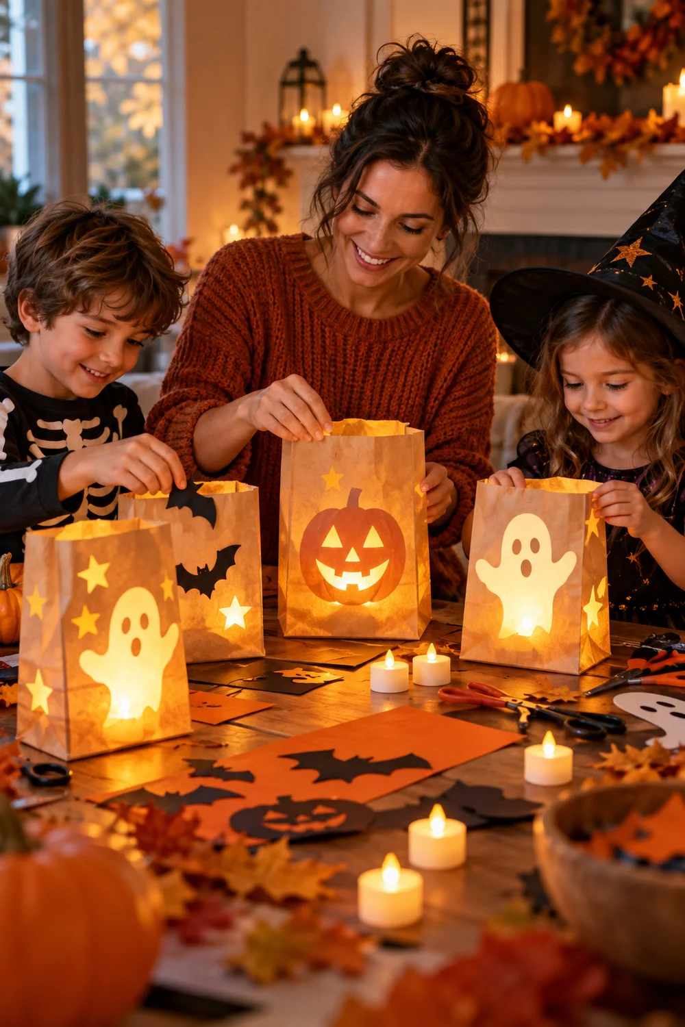 Family making glowing Halloween paper bag lanterns