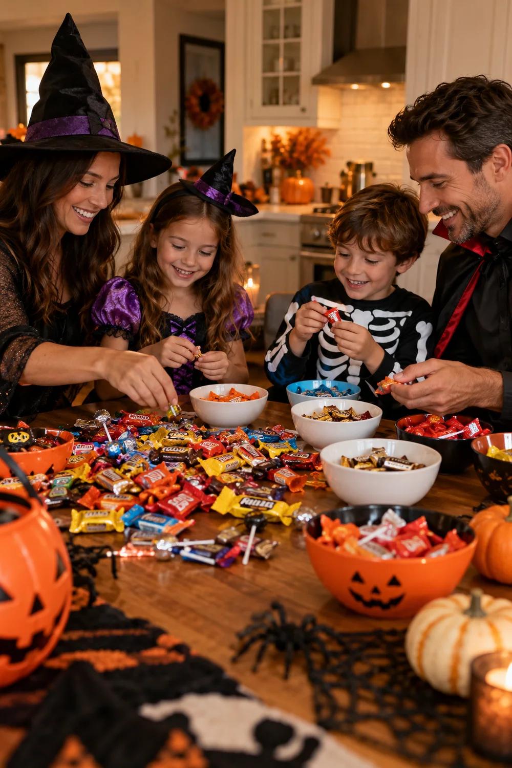 Family sorting and swapping Halloween candy at the kitchen table