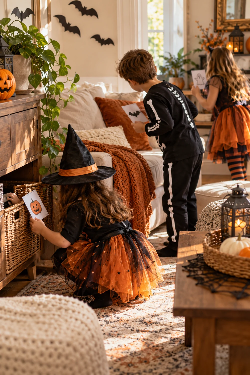 Children searching for Halloween clues during an indoor scavenger hunt
