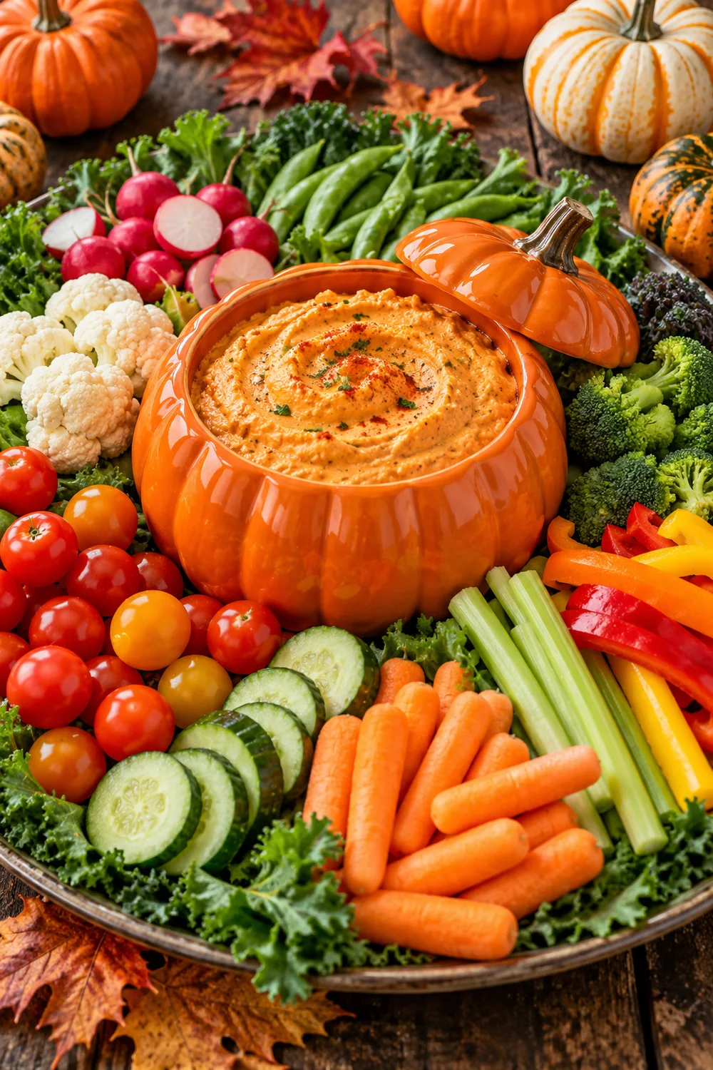 Pumpkin Patch Veggie Tray Pumpkin patch vegetable tray with orange dip carrots broccoli peppers and tomatoes