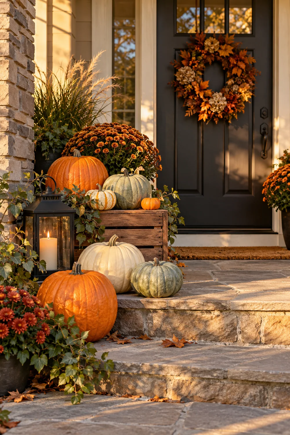Pumpkins at Three Heights Orange cream and sage pumpkins displayed at three heights on a doorstep