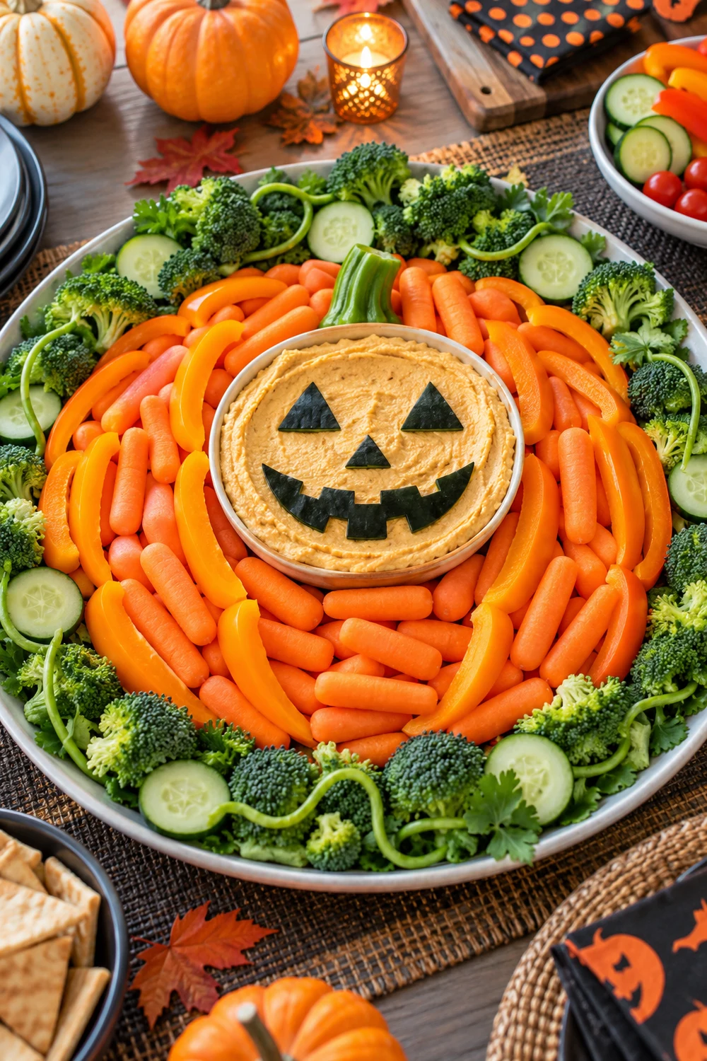 11. Set Out a Veggie Pumpkin Patch With Hummus Dip Halloween veggie pumpkin patch platter with hummus, carrots, peppers and broccoli