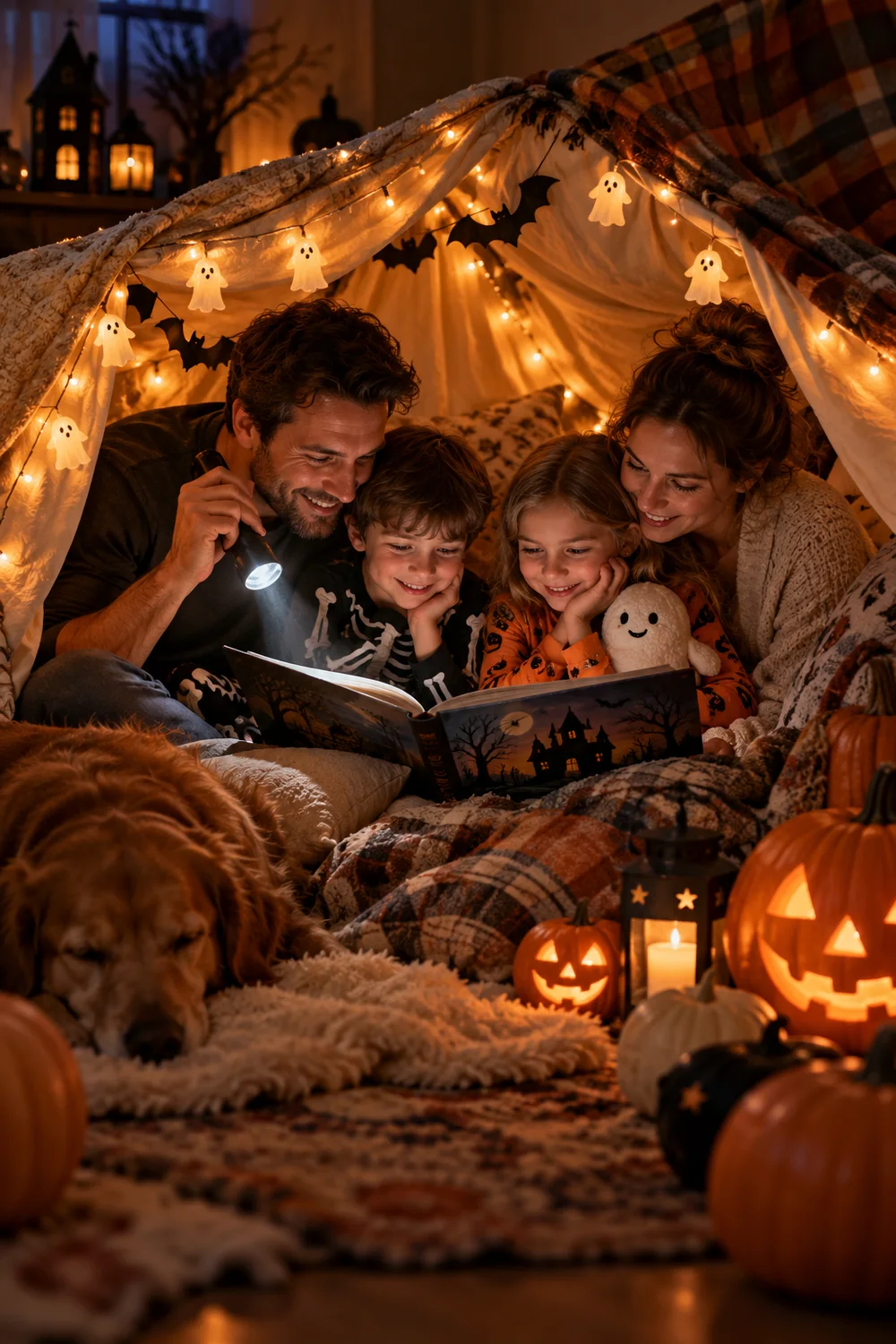 Family reading Halloween stories inside a cozy blanket fort