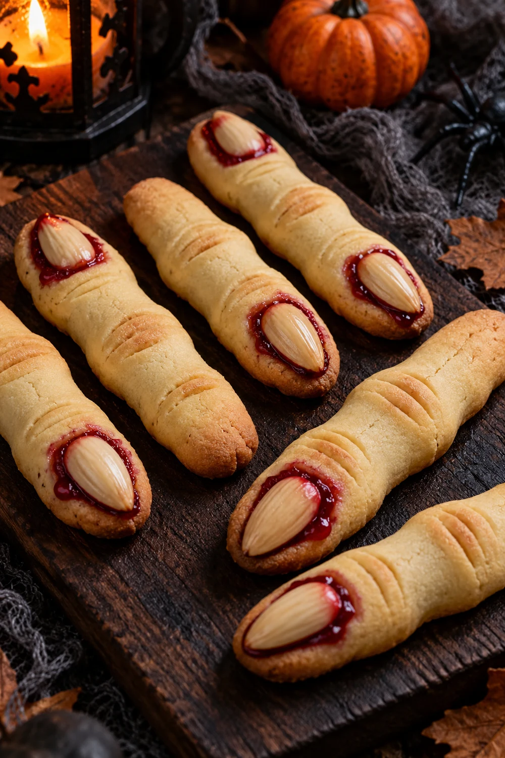 13. Bake Bloody Finger Cookies With Almond Fingernails Halloween finger-shaped shortbread cookies with almond nails and raspberry jam