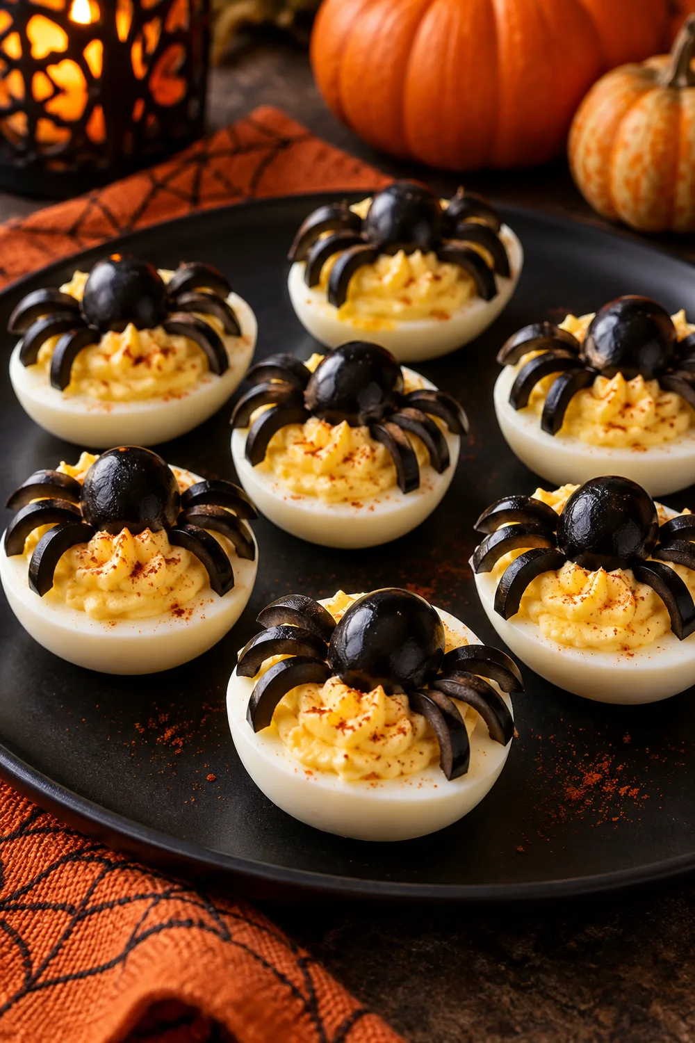 Deviled Egg Spiders Deviled eggs topped with black olive spiders on a Halloween platter