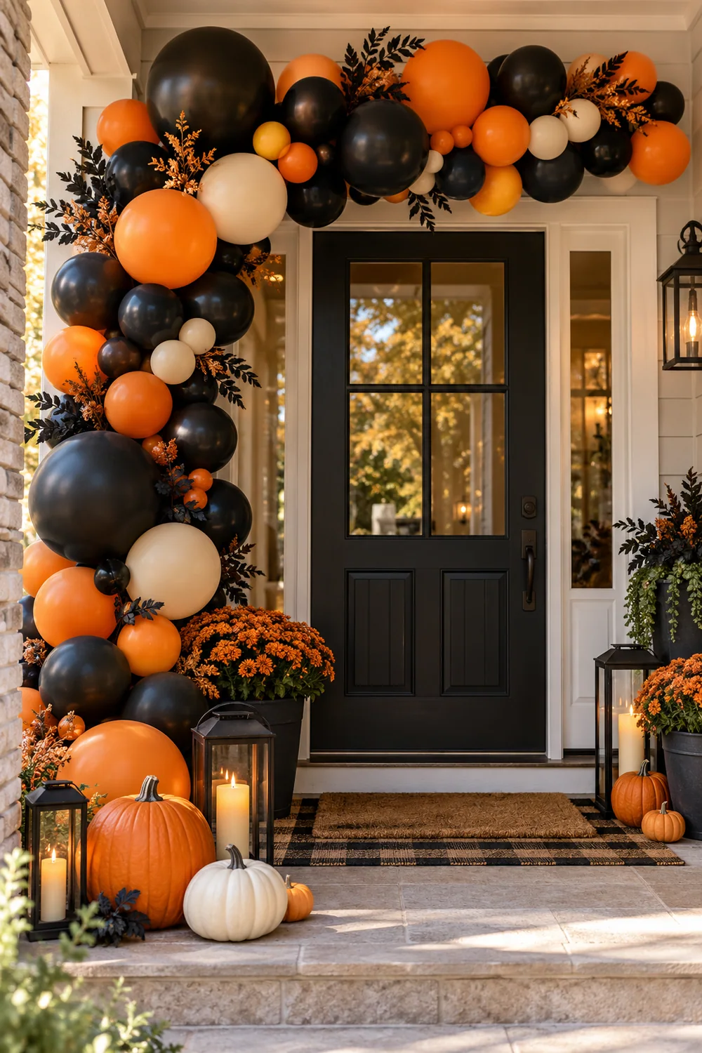 Halloween Door Balloon Garland Black and orange balloon garland framing a Halloween front door