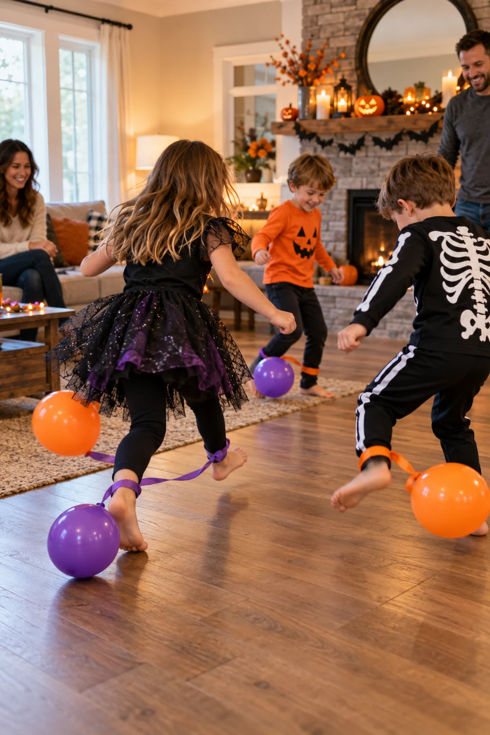 Kids playing a supervised Halloween balloon game indoors