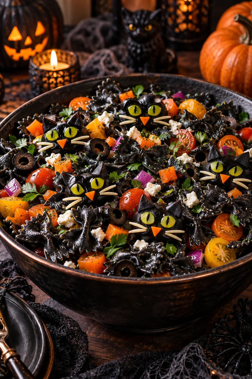Black Cat Pasta Salad Black cat themed pasta salad with dark bow-tie pasta olives and colorful vegetables