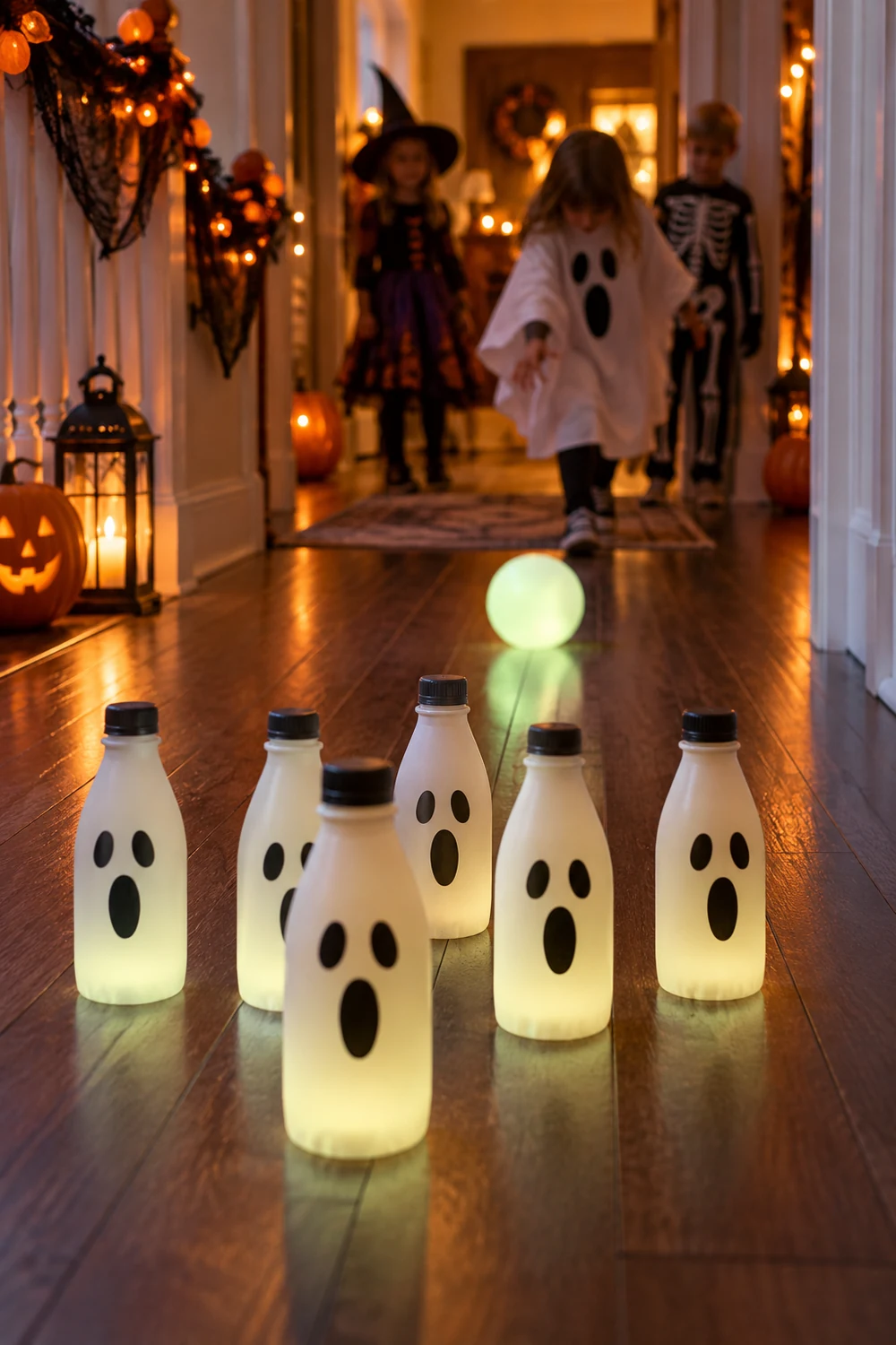 Glow in the dark ghost bowling game with white bottle pins