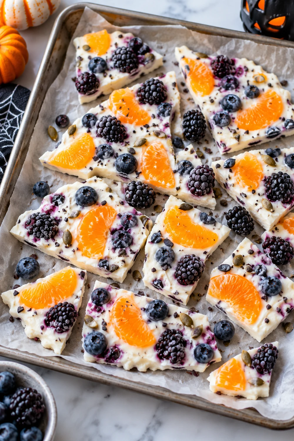 15. Freeze Yogurt Bark With Orange and Black Berries Frozen yogurt bark with orange segments, blueberries and blackberries